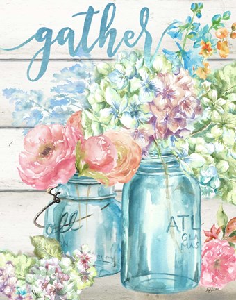Framed Colorful Flowers in Mason Jar Gather Print