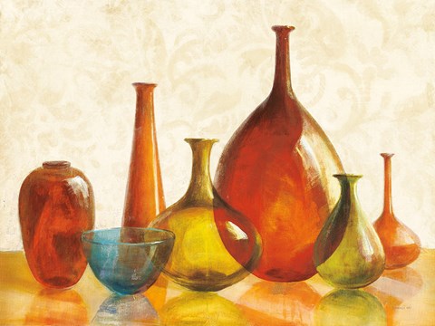 Framed Colorful Glass Vessels on Ivory Print