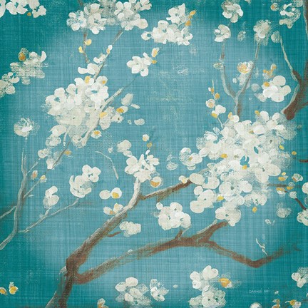 Framed White Cherry Blossoms I on Teal Aged no Bird Print