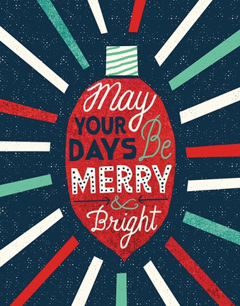 Framed Festive Holiday Light Bulb Merry and Bright Print