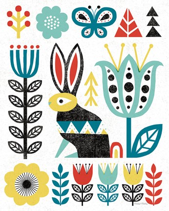 Framed Folk Lodge Rabbit V2 Teal Print