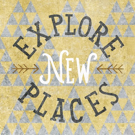 Framed Mod Triangles Explore New Places Gold Print