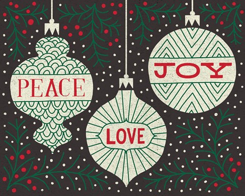 Framed Jolly Holiday Ornaments Peace Love Joy Print
