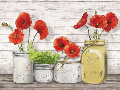 Framed Poppies in Mason Jars (detail) Print