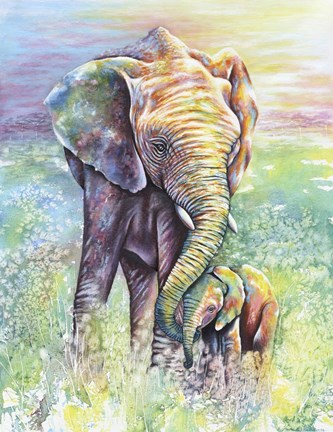 Framed Mother &amp; Baby Elephant Rainbow Colors Print