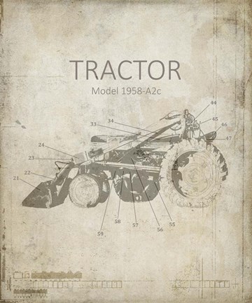 Framed Industrail Farm Tractor Blue Print 1 Print