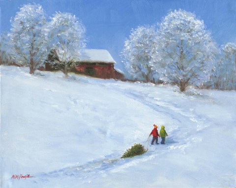 Framed Barn and Children with Sled Print