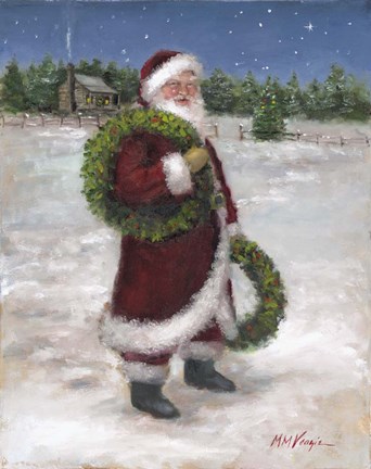 Framed Santa with Two Wreaths Print