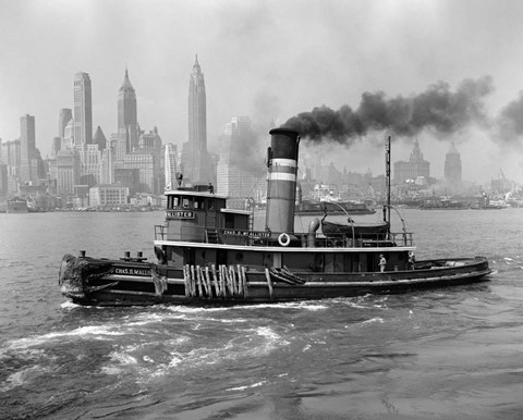 Framed 1940s Steam Engine Tugboat On Hudson River Print