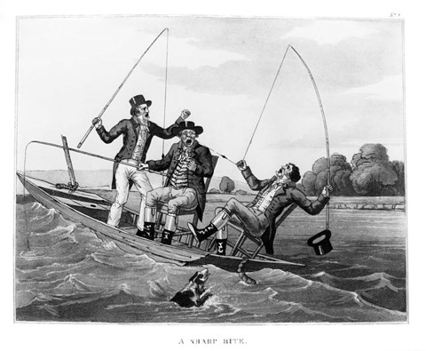 Framed 1800s Three 19Th Century Men In Boat Fishing Print