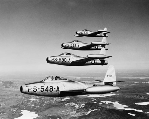 Framed 1950s Four Us Air Force F-84 Thunderjet Fighter Print