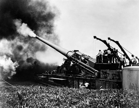 Framed 1940s WWII Big Artillery Railroad Gun Firing Print
