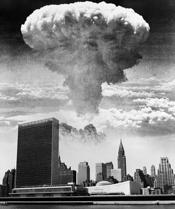 Framed 1950s 1960s Mushroom Cloud Over United Nations Building Print