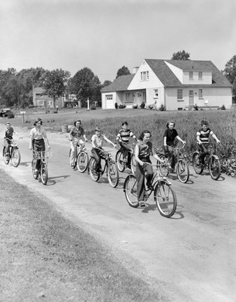 Framed 1950s Group Of  Boys And Girls Riding Bicycles Print