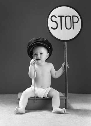 Framed 1940s Baby Boy Holding Stop Sign Print
