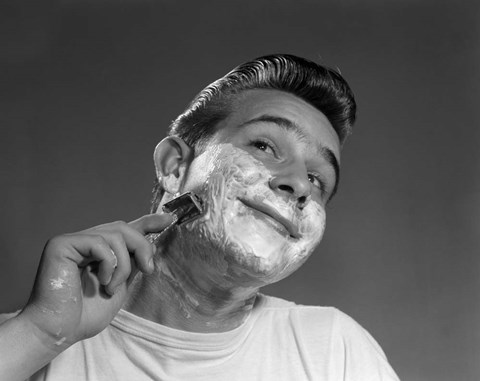 Framed 1950s Young Man Shaving With Safety Razor Print