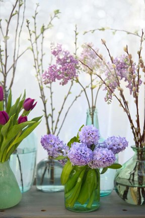 Framed Spring Flowers in Glass Bottles V Print