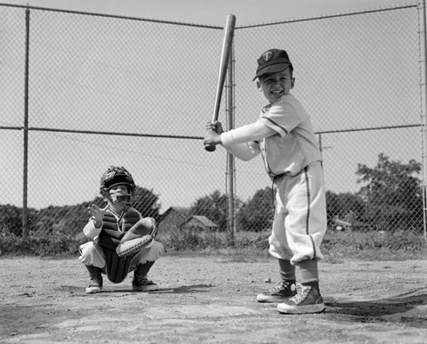 Framed 1960s Two Boys Playing Baseball Print