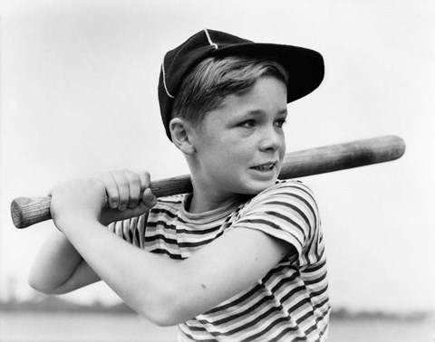 Framed 1930s Boy At Bat Wearing A Horizontal Striped Tee Shirt Print