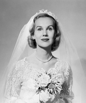 Framed 1950s Portrait Woman Bride Pearl Necklace Print