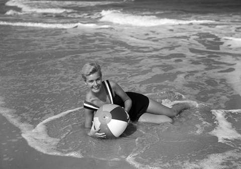 Framed 1960s Woman In Bathing Suit Lying In The Surf Print
