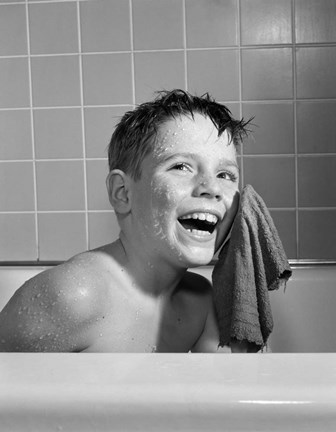 Framed 1950s 1960s Boy Washing Face Sitting In Bathtub Print