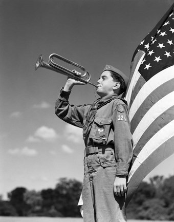 Framed 1950s Boy Scout In Uniform Standing In Front American Flag Print