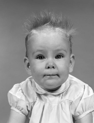 Framed 1960s Head On Portrait Of Baby Girl In Ruffled Dress Print