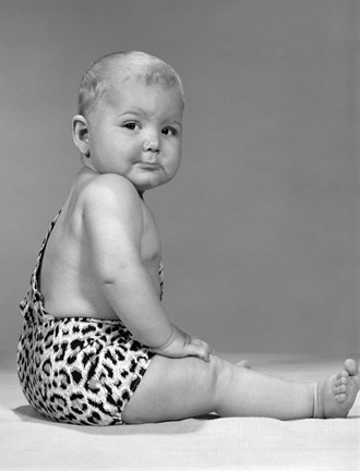 Framed 1960s Grumpy Expression Baby In Leopard Costume Print