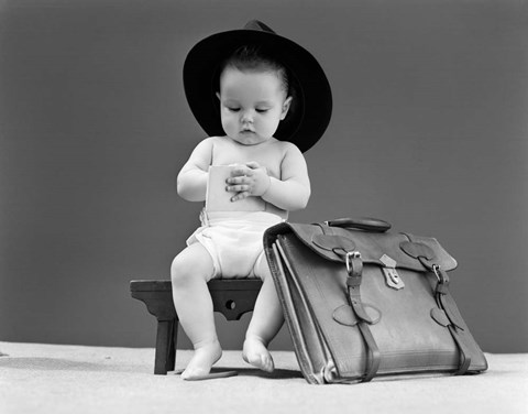 Framed 1940s Baby In Fedora Seated On Stool Print