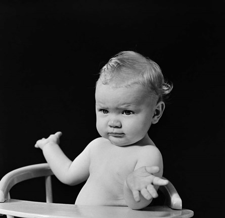 Framed 1930s 1940s Baby In High Chair Making Shrugging Gesture Print