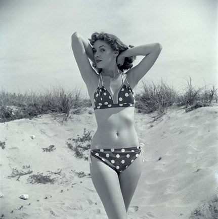 Framed 1950s Brunette Beauty In Polka Dot Bikini Standing In Sand Print
