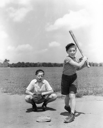 Framed 1930s Two Boys Batter And Catcher Playing Baseball Print