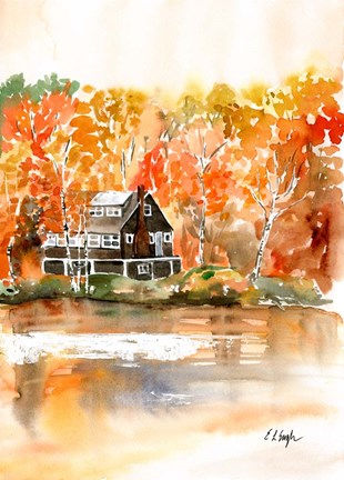 Framed Fall Cabin by the Lake Print