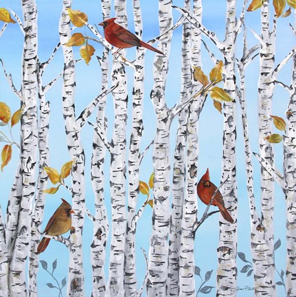 Framed Cardinals Among The Birch  -  B Print
