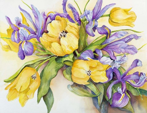 Framed Yellow Tulips with Blue Iris Print