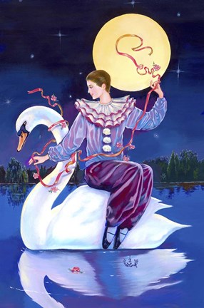 Framed Pierrot Riding A Swan Print