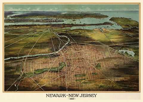 Framed Birdseye View Of Newark, New Jersey 1916 Print