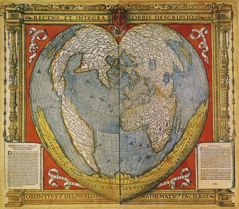 Framed Heart Shaped World Map Stabius-Werner Projection 15 Print
