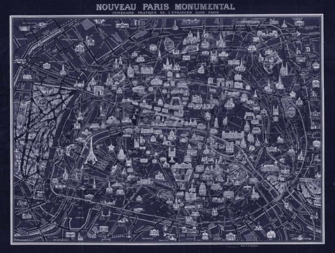 Framed 1920 Pocket Map of Paris Blueprint style Print