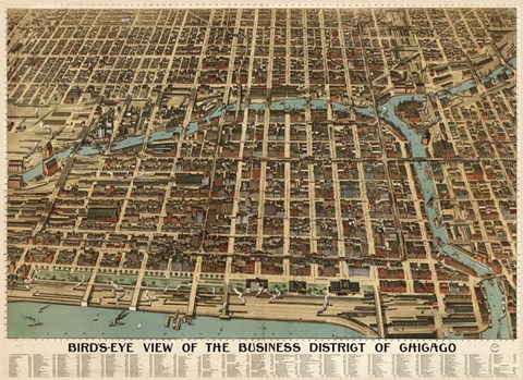 Framed Birds Eye Chicago biz district-1898 Print