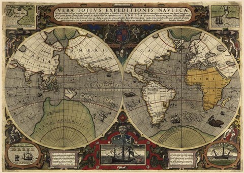 Framed Hondius map of the World 1595 Print