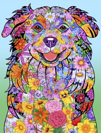 Framed Flowers Australian Shepherd Print