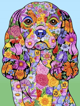 Framed Flowers Cavalier King Chas Print