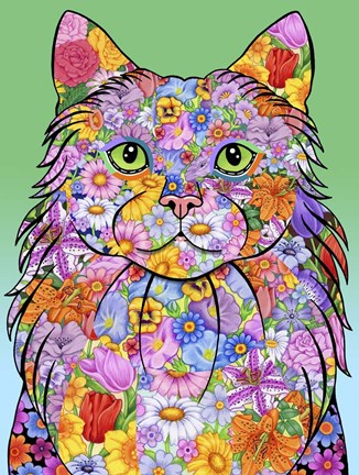 Framed Flowers Maine Coon Cat Print