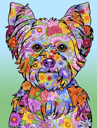 Framed Flowers Yorkie Puppycut Print