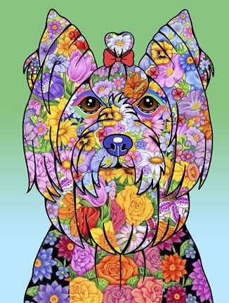 Framed Flowers Yorkie Showcut Print