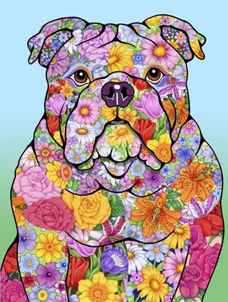 Framed Flowers Bulldog Print