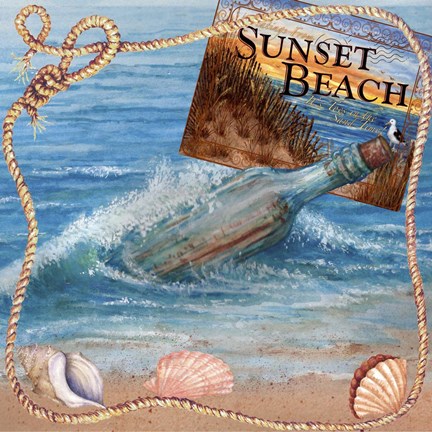 Framed Message In Bottle-Sunset Beach Print