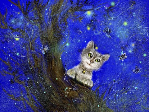Framed Night Cat Blue Print